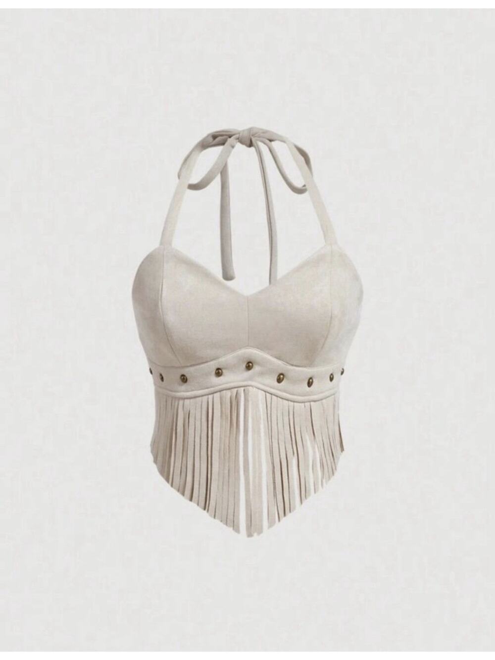 Boho Suede MOD Vintage Fringe Halter Top Large Sleeveless Western Cowgirl Beige